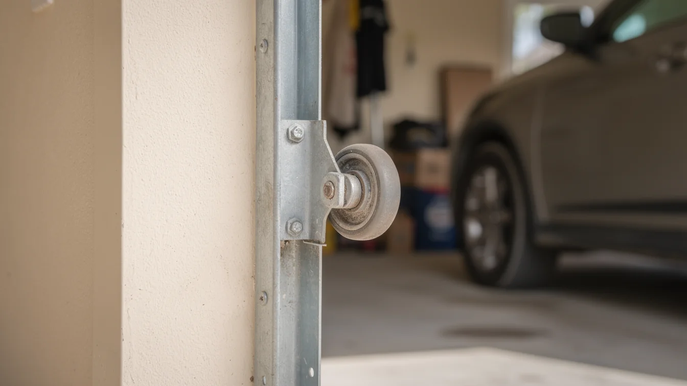 A garage door roller is attached to a metal track next to a beige wall.