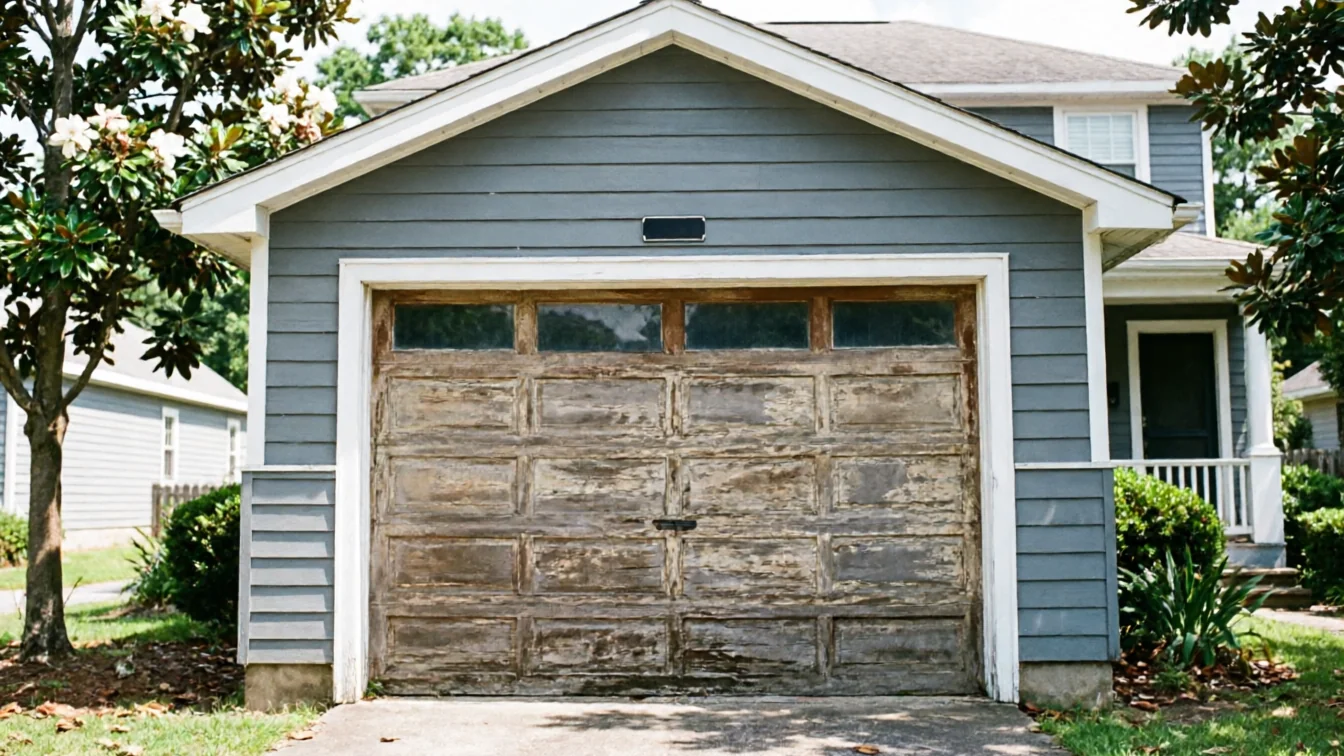 A weathered wooden garage door with windows is on a blue house.