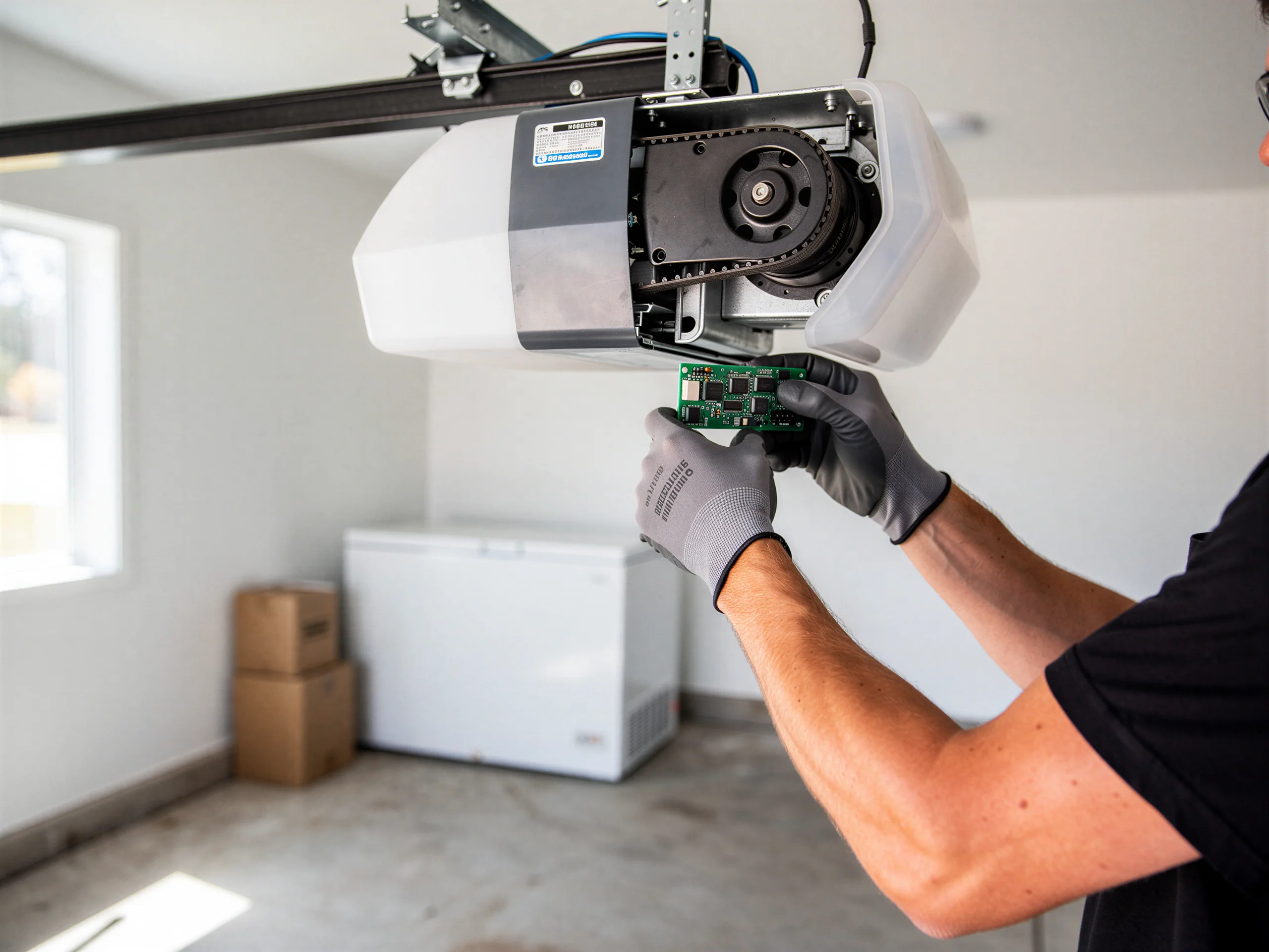 A technician in gloves holds a circuit board near a garage door opener.