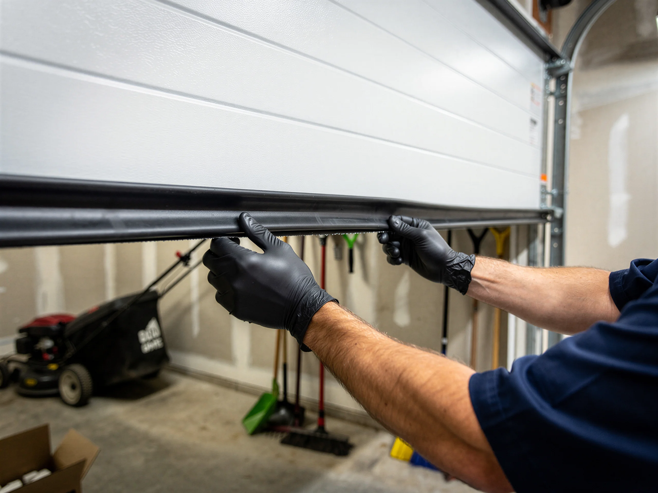 A technician wearing black gloves installs a new seal on a white garage door.