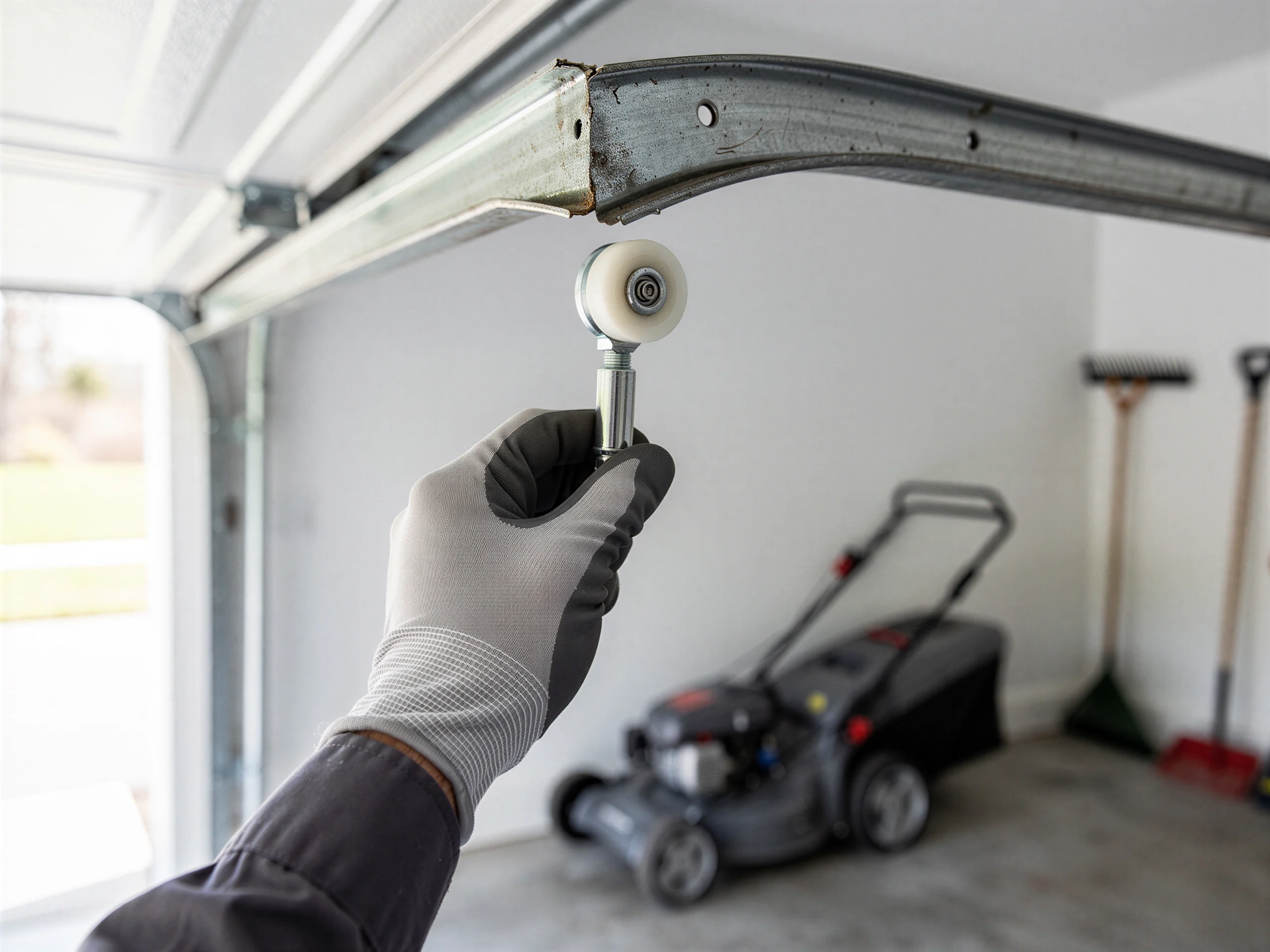 A technician's gloved hand holds a garage door roller near the track.