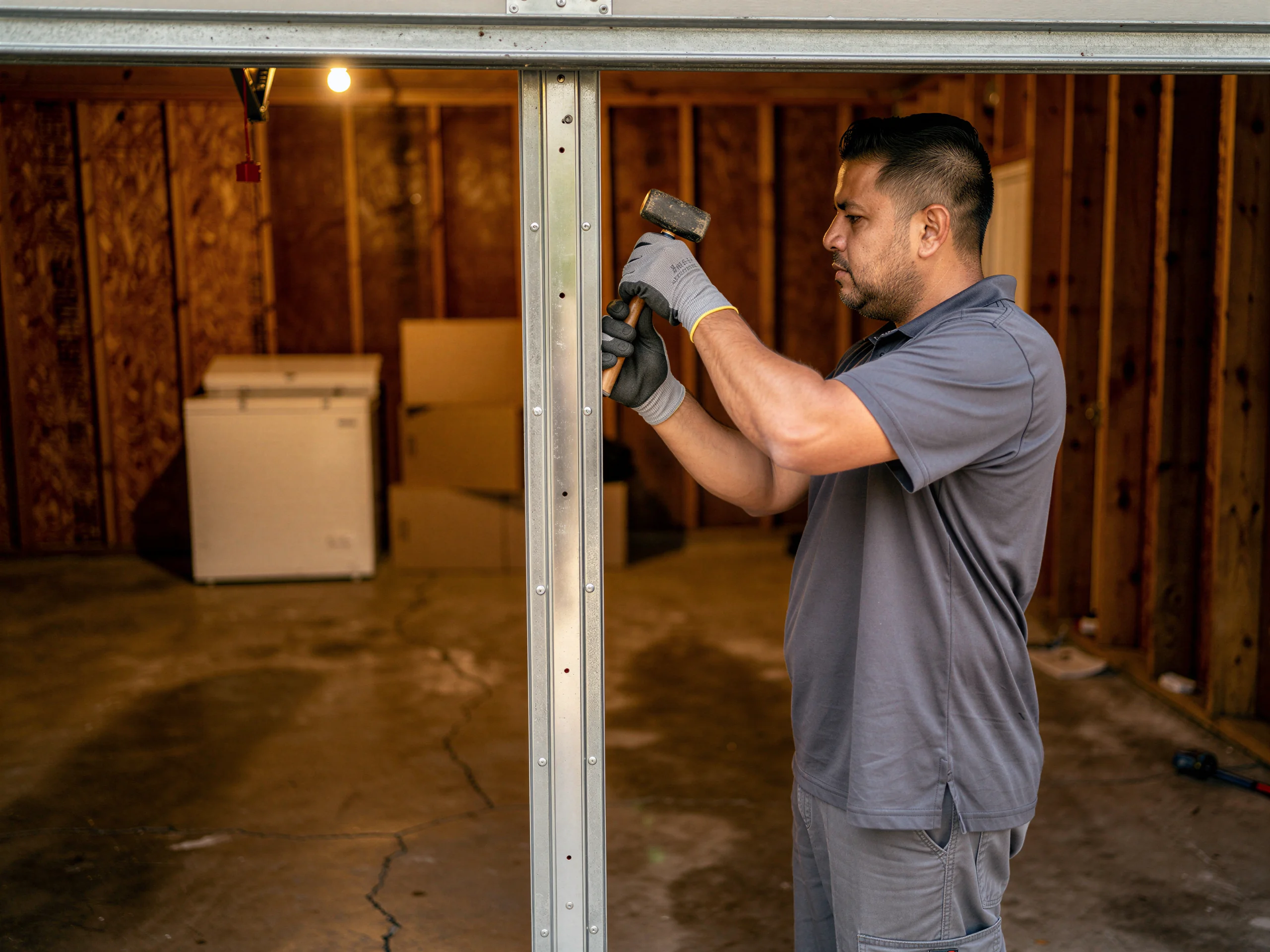A technician hammers a garage door track in a garage with a freezer.