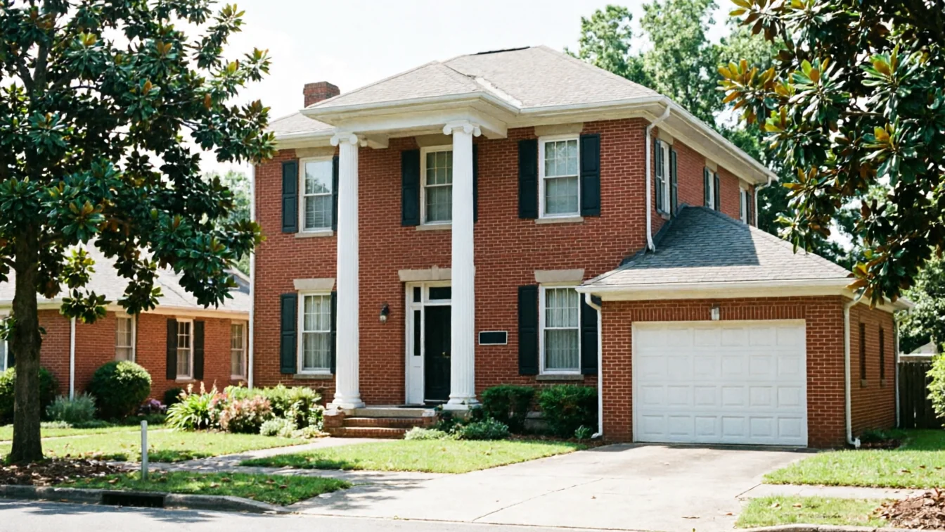 A red brick house has a white garage door and white columns.